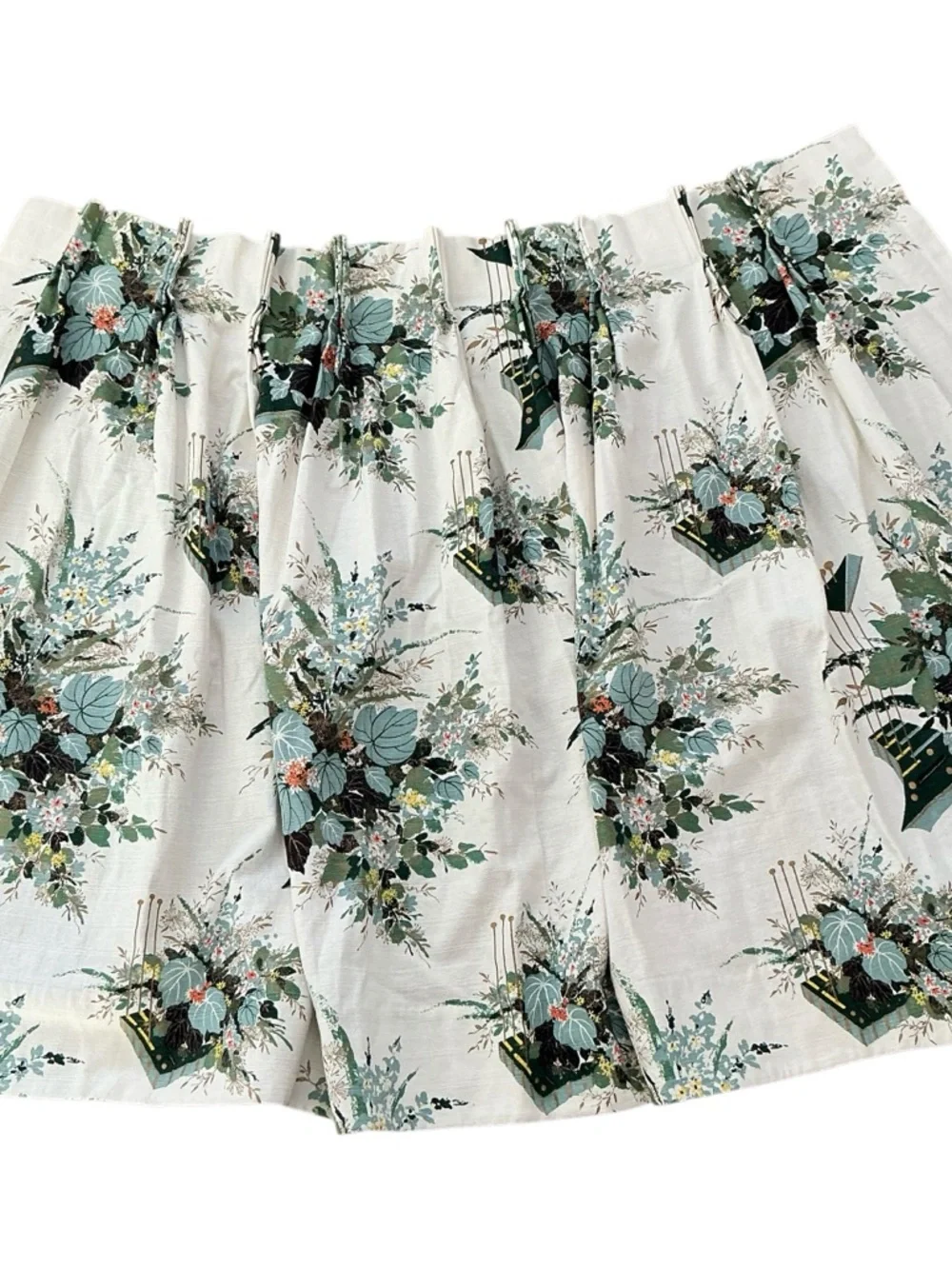 Vintage mid-century bark cloth pinch pleat floral curtain panel set of 2 USA